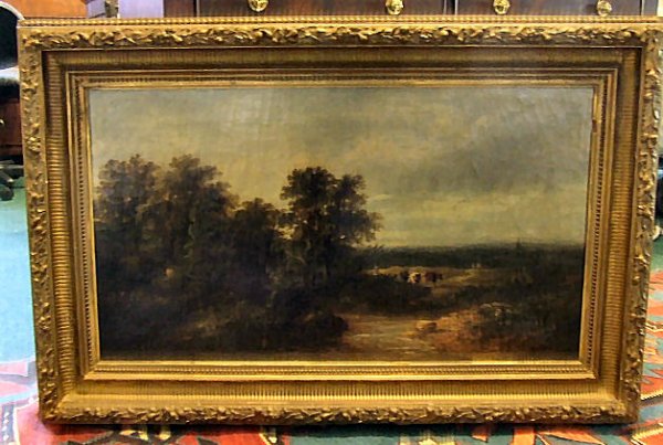 Oil painting on canvas, Hudson River school, dated: Oil painting on canvas, Hudson River school, dated 1862 in period fluted cove frame, signed lower left, illegible. 32" X 18"