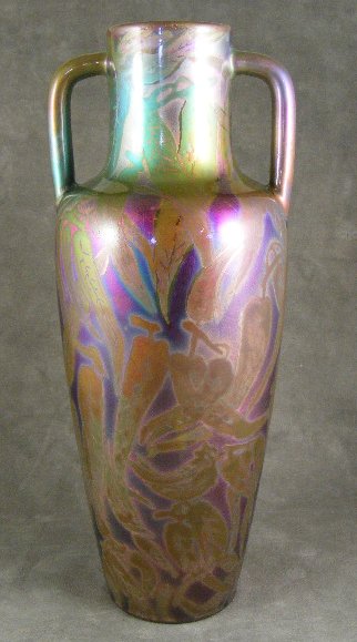 Clement Massier tall luster vase measuring 14.75 i: Clement Massier tall luster vase measuring 14.75 inches high. Repair around the top edge, no other damage or repairs.