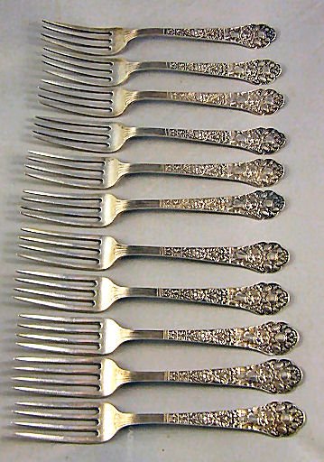 11 Gorham sterling silver Old Medici 6.75" forks, : 11 Gorham sterling silver Old Medici 6.75" forks, monogrammed on back "AMC", normal wear. 16.44 troy ounces