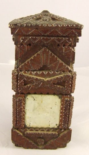 Folk art / tramp art chip carved perfume bottle wi: Folk art / tramp art chip carved perfume bottle with mirrored sides, old finish, no carving loss, measures 7.5" high.