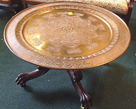 Moroccan style brass tray table w/ cut-down Victor: Moroccan style brass tray table w/ cut-down Victorian claw foot base, 38" across
