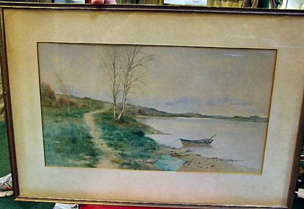Watercolor signed George Howell Gay (1858-1931), l: Watercolor signed George Howell Gay (1858-1931), lakeshore with rowboat, 21" X 12"