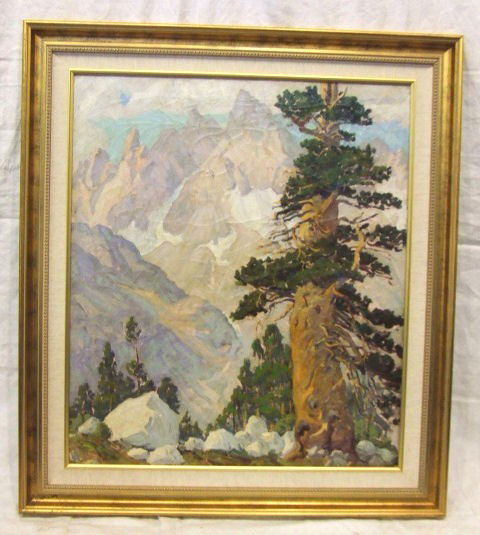 Ralph Holmes painting, oil on canvas, California De: Ralph Holmes painting, oil on canvas, California Deerhorn Mountain, identified on reverse, 24" X 28", crackling.