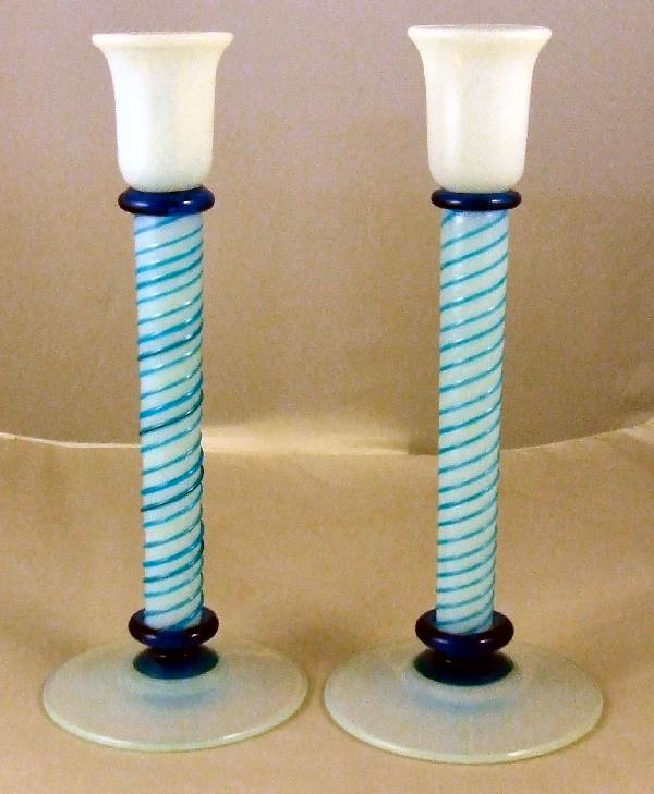 Pair if Fry Foval 10.5" Candlesticks, blue threadin: Pair if Fry Foval 10.5" Candlesticks, blue threading and wafers, undamaged.