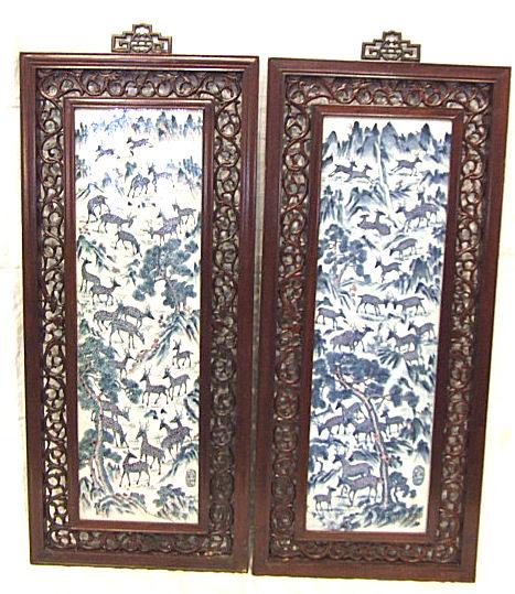 Pair Chinese porcelain plaques decorated with deer: Pair Chinese porcelain plaques decorated with deer, mounted in rosewood frames, excellent condition. Plaques measure 8" X 29", 15.5"X 36" framed