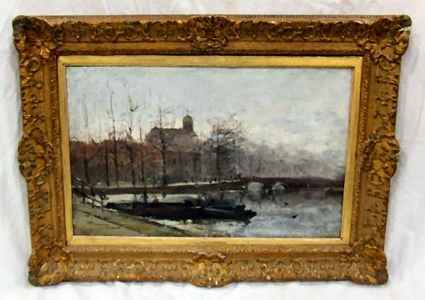 Johan Hendrik Van Mastenbroek oil painting on art : Johan Hendrik Van Mastenbroek oil painting on art board, canal scene, 24" x 16"
