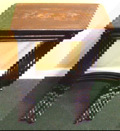 Stacking set of 4 19th C. Chinoiserie lacquered ta: Stacking set of 4 19th C. Chinoiserie lacquered tables, very good condition with some lifting of finish on tops. Largest measures 27.5" high, 19.5" X 12" top.