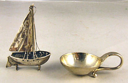 Georg Jensen sterling silver open salt #110 and ste: Georg Jensen sterling silver open salt #110 and sterling figural sailing ship, salt is 2 1/8" long and ship is 2.25" high, 1.09 troy oz. total