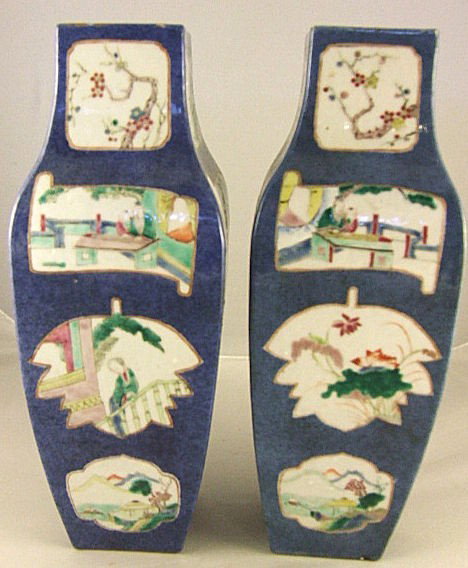 Pair of oriental vases, square form with painting : Pair of oriental vases, square form with painting on all sides, 12.5" high.