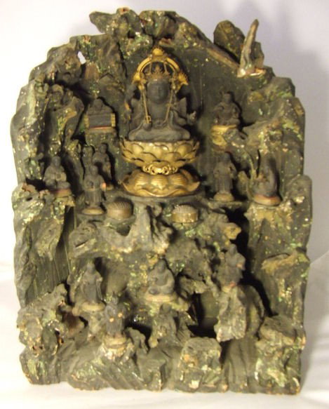 Antique Asian wood carving, ornate carving with fi: Antique Asian wood carving, ornate carving with fine detail, two figures loose and some missing, chips, 15" high, 11" wide