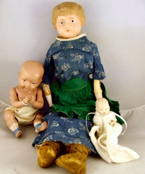3 doll lot, metal head "Minerva" doll with kid bod: 3 doll lot, metal head "Minerva" doll with kid body, 20", chipped fingers, 10" Parsons - Jackson baby doll & small bisque unmarked baby doll, 5".