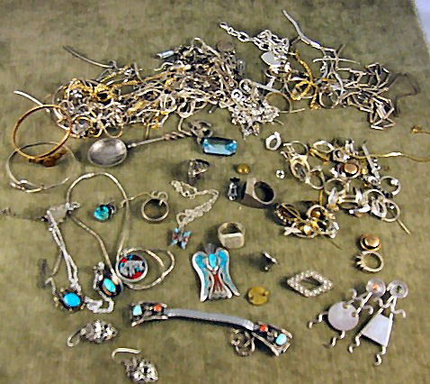 Sterling and costume jewelry lot, native American,: Sterling and costume jewelry lot, native American, misc. base metal & sterling chains, bracelets, earrings, watch band, etc.