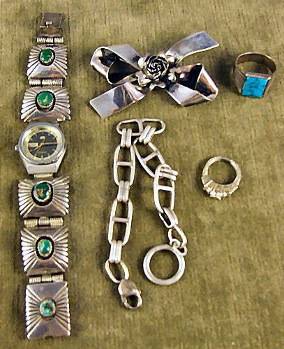Sterling silver jewelry lot including native Ameri: Sterling silver jewelry lot including native American sterling watch band, unmarked, sterling pocket watch chain, sterling ring, Hobe sterling brooch and base metal ring. Total weight without ring is