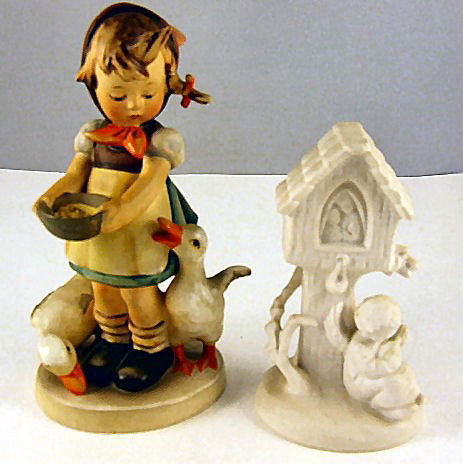Hummel figurine Be Patient # 197/1 stylized bee mark: Hummel figurine Be Patient # 197/1 stylized bee mark, crazing 6" high and Goebel figurine, 5" high.