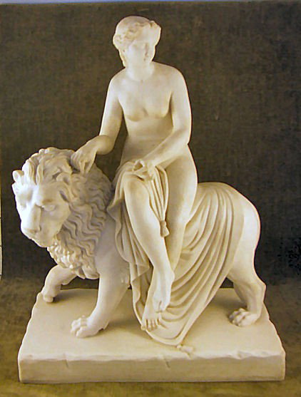 19th. C. parian figurine of woman riding lion, very: 19th. C. parian figurine of woman riding lion, very fine detail, 15" high, 11.25" wide, unmarked