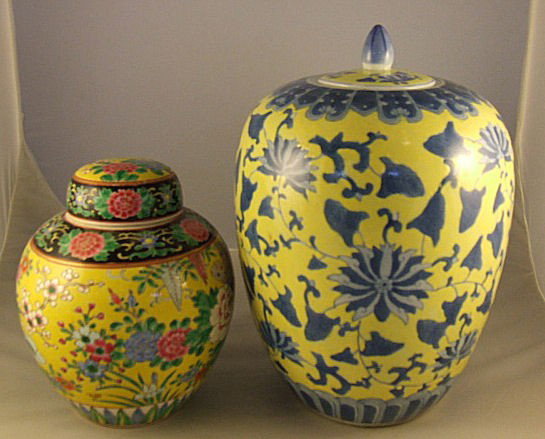 2 oriental ginger jars, larger 13" with chip to int: 2 oriental ginger jars, larger 13" with chip to interior edge of top, 8" jar marked Nippon