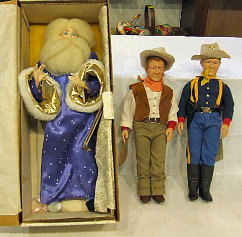 Lot of 3 dolls, 2 Effanbee John Wayne dolls with t: Lot of 3 dolls, 2 Effanbee John Wayne dolls with tags,16.5" & Franklin Heirloom doll in box, 21"