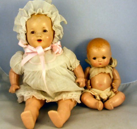Composition dolls, Effanbee 9.5" Patsy Baby and 15: Composition dolls, Effanbee 9.5" Patsy Baby and 15.5" Dream Baby, light crazing or flaking in each, sleep eyes, fingers and toes good.