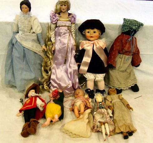 Lot of misc. dolls including, Effanbee Party Time,: Lot of misc. dolls including, Effanbee Party Time, Effanbee Knight, Little Women - Meg, Russ 1626, two wood dolls, Mammy rag doll, porcelain heads, etc., range in size from 8" to 20".