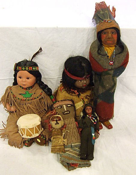 Lot of 5 American Indian dolls, 14" Mary Francis I: Lot of 5 American Indian dolls, 14" Mary Francis Indian Woods chief doll soiled, Perillo Brave and Free, 13" composition doll unmarked, cloth doll & small plastic doll.