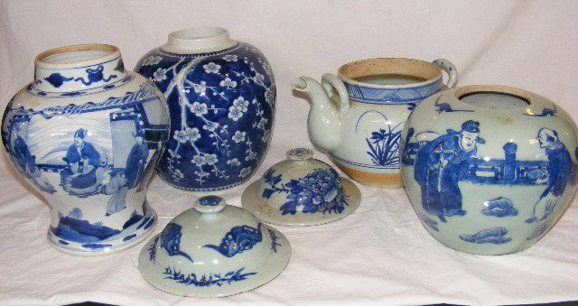 Miscellaneous Asian pottery lot, water pot (broken: Miscellaneous Asian pottery lot, water pot (broken spout, no top), 2 tops (as is ) 3 jars (no lids). 7" to 10" tall