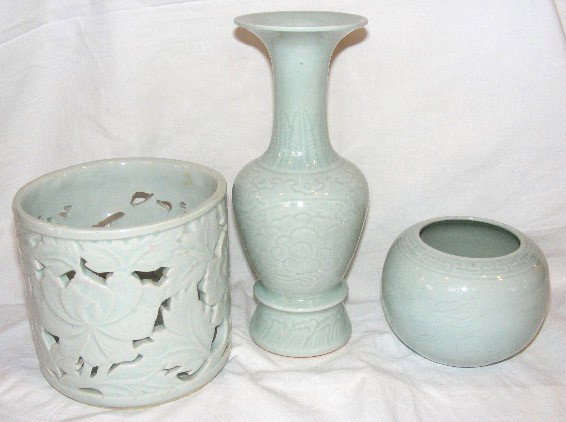 3 Celadon Asian pieces, vase, bowl and reticulated: 3 Celadon Asian pieces, vase, bowl and reticulated pot.