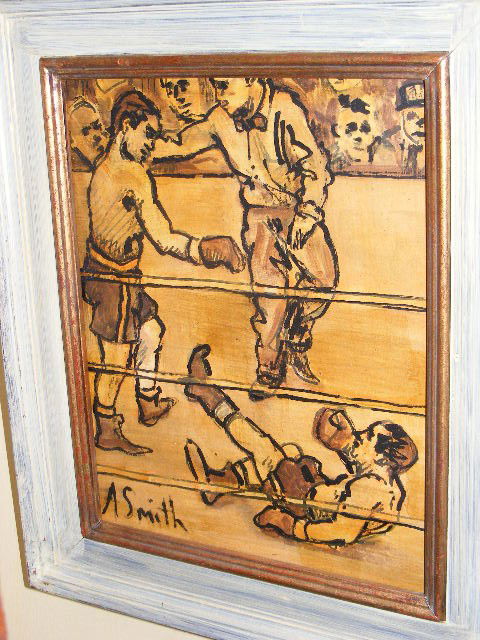 Arthur Smith boxing drawing, mixed media on artist: Arthur Smith boxing drawing, mixed media on artist board, 7.5" X 9.5"