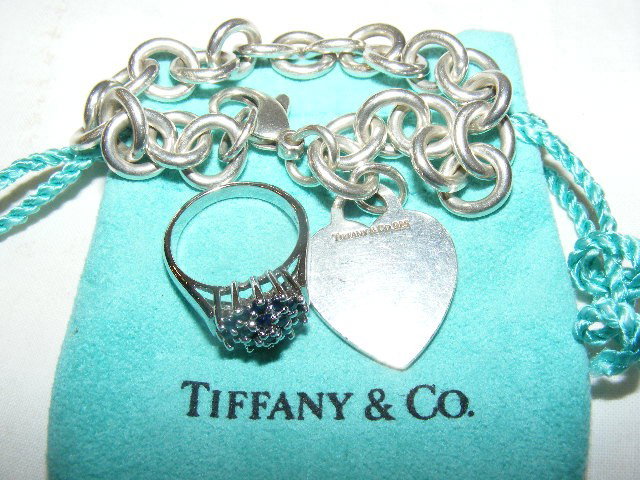 Tiffany & Co. sterling silver heart charm 7.5" bra: Tiffany & Co. sterling silver heart charm 7.5" bracelet & sterling ring set with sapphire colored stones, size 6, 1.29 troy oz. total