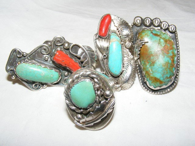 Lot of 4 large Native American style rings, none m: Lot of 4 large Native American style rings, none marked