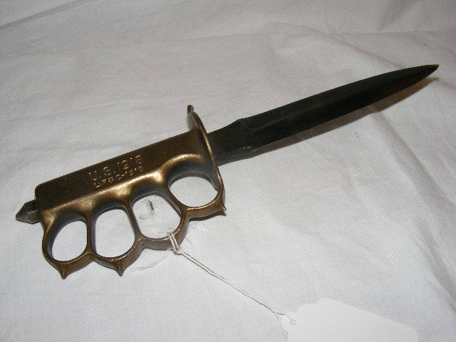 Landers, Frary & Clark trench knife with brass han: Landers, Frary & Clark trench knife with brass handle, 6 7/8" blade very good, not sharpened, no scabbard