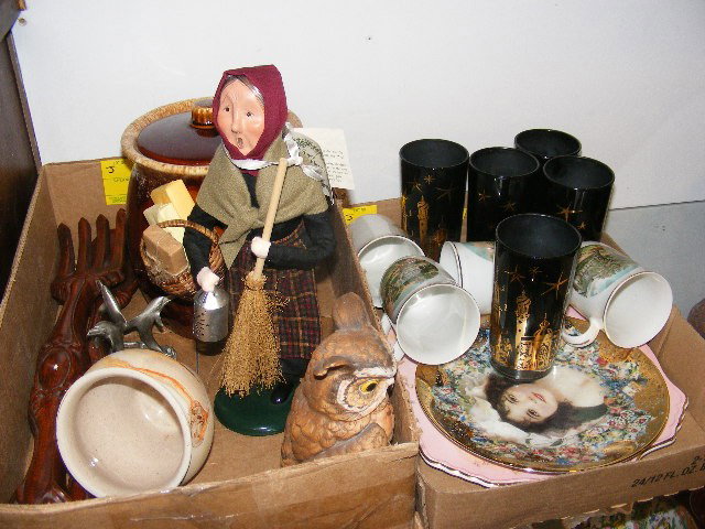 2 box lots of china, glasses, Byers Choice Caroler: 2 box lots of china, glasses, Byers Choice Caroler, Nemadji Pottery jar, cookie jar, etc.