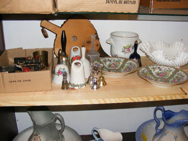 3 boxes, Limoges pot, milk glass, Rose Medallion: 3 boxes, Limoges pot, milk glass, Rose Medallion bowls, bellows, bells, train, etc.