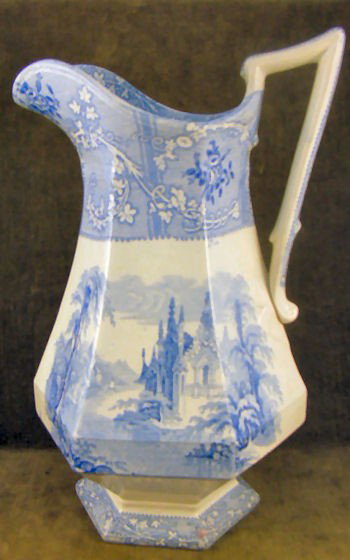 Davenport Ironstone blue transferware water pitcher,: Davenport Ironstone blue transferware water pitcher, Friburg pattern, 13" high, tight 2" line on lower section