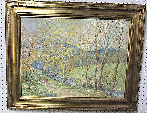 George A. Traver oil painting on board, "The Mergin: George A. Traver oil painting on board, "The Merging Months" painted near Williamsburg, Mass. 1921,18" X 24", Newcomb Macklin frame