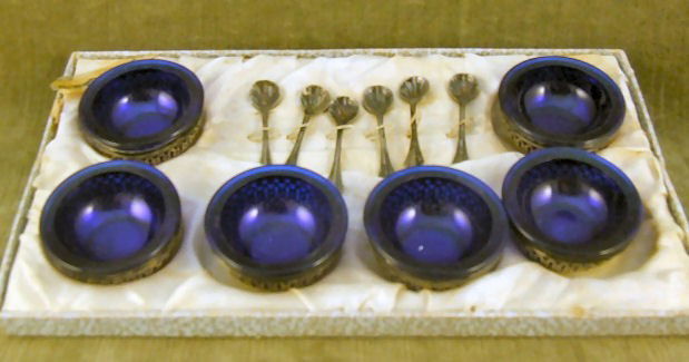 6 Webster sterling silver individual salt cellars w: 6 Webster sterling silver individual salt cellars with sterling spoons and cobalt liners, liners undamaged