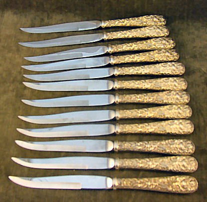 12 Kirk & Son sterling handled 8.5" steak knives wi: 12 Kirk & Son sterling handled 8.5" steak knives with stainless blade, blades and handles in excellent condition