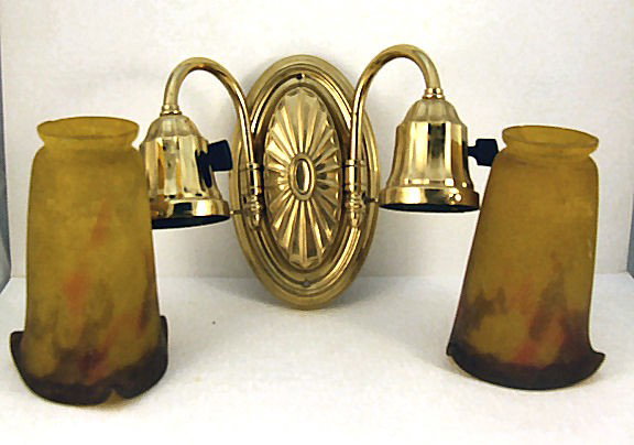 Two Muller Fres Luneville lamp shades with brass Mi: Two Muller Fres Luneville lamp shades with brass Miller wall fixture, shades measure 6" high, 2 1/8" fitter, small flakes on fitter edge