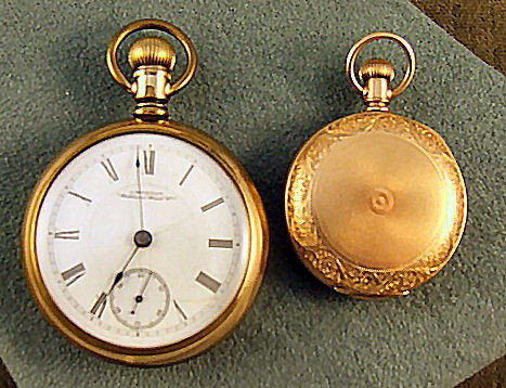 2 American Waltham pocket watches, gold filled lar: 2 American Waltham pocket watches, gold filled larger 2 1/16" dia., no dents to case, engraved back, running order, hairlines on dial, work engraved "P. Bartlett", #4589502. 1.5" dia., ornate case wit