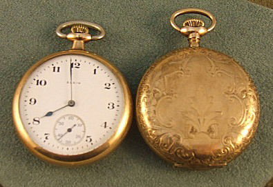 2 gold filled pocket watches, 1 7/8" Elgin, very g: 2 gold filled pocket watches, 1 7/8" Elgin, very good condition, running, engraved case, second hand, works #22418535 & Eldridge 1 7/8", engraved case with minor dents, 11 jewels, no crystal, not runn