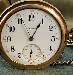 Gold filled Illinois pocket watch, 17j., 1.75" dia: Gold filled Illinois pocket watch, 17j., 1.75" dia., engraved case, dial excellent, running, no crystal,10" gold filled chain, works #3205402