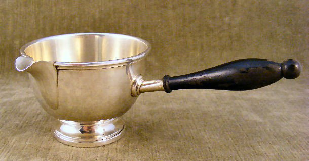 Georg Jensen sterling silver sauce boat, bowl meas: Georg Jensen sterling silver sauce boat, bowl measures 3 1/8" in diameter not including spout, worn finish on handle, 4.11 troy ounces total weight.