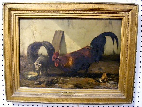 Rene Maes, Dutch oil painting on mahogany panel : Rene Maes, 19th C. Dutch oil painting on mahogany panel, rooster and cat at bowl, 19" X 13"