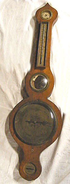 Antique 37" banjo barometer, no maker identificati: Antique 37" banjo barometer, no maker identification, no mercury in tube, no back door, no glass over level, no glass over top dial and no hand.