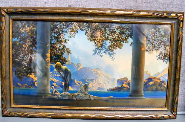 Maxfield Parrish print "Daybreak" original frame,: Maxfield Parrish print "Daybreak" original frame, never removed, bright, House of Art marked lower left, 9.5" X 17.5"