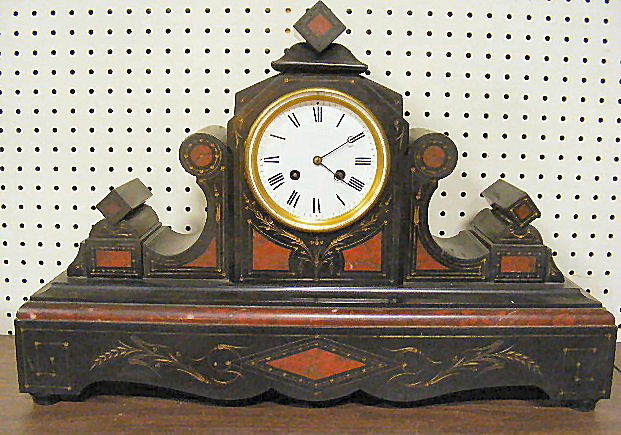 Large antique Tiffany & Co. high quality slate Vic: Large antique Tiffany & Co. high quality slate Victorian mantel clock w/ marble inlay. The brass works are marked Tiffany & Co. and E Flet. #237 is marked on pendulum & works. 24.5 long x 16.5" high x