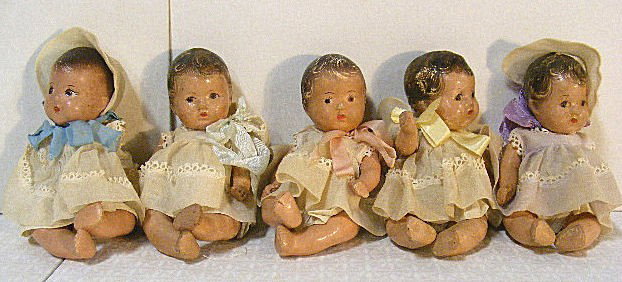Madame Alexander Dionne Quintuplets, composition 7",: Madame Alexander Dionne Quintuplets, composition 7", soiled, some surface cracks, scuffs, one doll missing arms