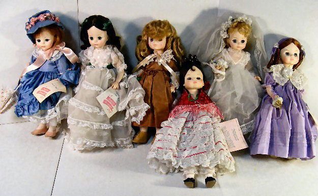 Lot of 6 Madame Alexander 12" dolls, Bride, Carmen,: Lot of 6 Madame Alexander 12" dolls, Bride, Carmen, Mimi, Lucinda, Gone with the Wind & Elsie Leslie with damage to face, some soiling