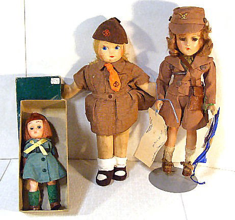 3 doll lot, 14" Brownie doll, 1950's 8" boxed Girl : 3 doll lot, 14" Brownie doll, 1950's 8" boxed Girl Scout, 14" Madame Alexander 1940's composition WAAF doll.