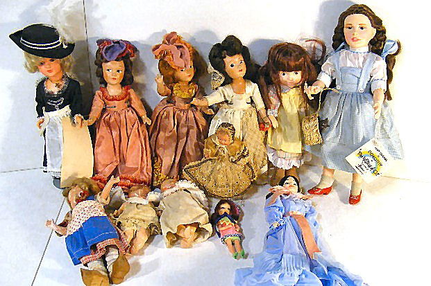 Lot of 11 dolls, 1940's composition, Gura Germany g: Lot of 11 dolls, 1940's composition, Gura Germany girl, Effanbee Judy Garland, 2 small baby dolls & Effanbee Pattseyette have peeling surface