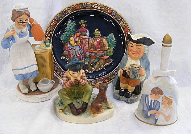 Lot of collectables, Lefton nurse, Goebel boy with : Lot of collectables, Lefton nurse, Goebel boy with dog, Rockwell bell, Kelsboro English Toby, German plaque